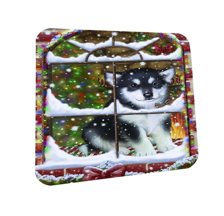 Please Come Home For Christmas Alaskan Malamute Dog Sitting In Window Coasters Set of 4 CST48335