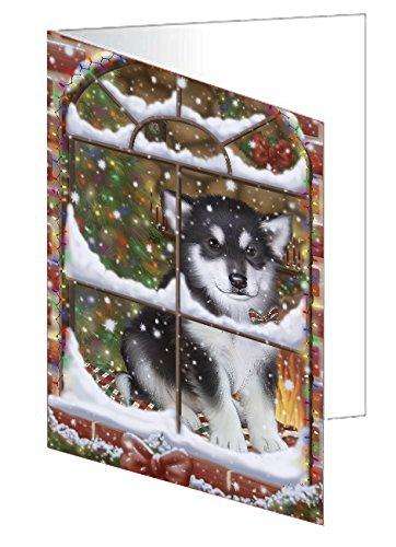 Please Come Home For Christmas Alaskan Malamute Dog Sitting In Window Handmade Artwork Assorted Pets Greeting Cards and Note Cards with Envelopes for All Occasions and Holiday Seasons GCD49304
