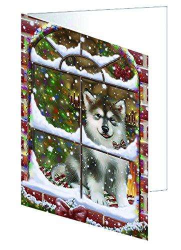 Please Come Home For Christmas Alaskan Malamute Dog Sitting In Window Handmade Artwork Assorted Pets Greeting Cards and Note Cards with Envelopes for All Occasions and Holiday Seasons