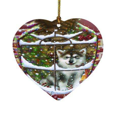 Please Come Home For Christmas Alaskan Malamute Dog Sitting In Window Heart Ornament D337