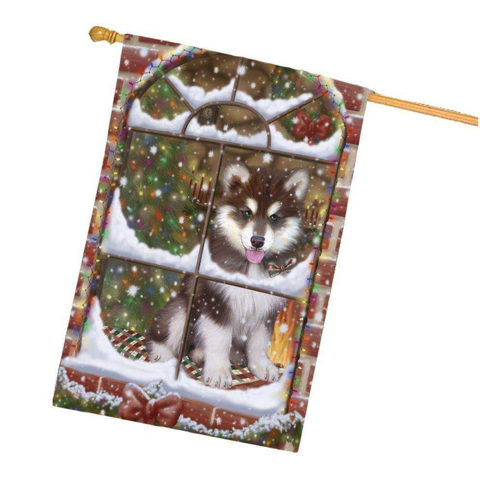 Please Come Home For Christmas Alaskan Malamute Dog Sitting In Window House Flag FLG48388