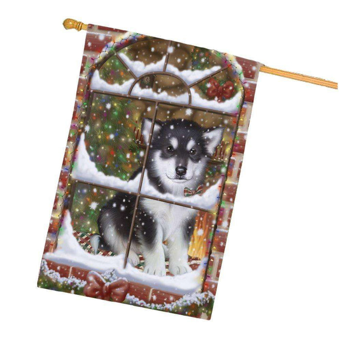 Please Come Home For Christmas Alaskan Malamute Dog Sitting In Window House Flag FLG48389