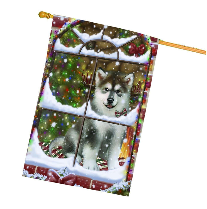 Please Come Home For Christmas Alaskan Malamute Dog Sitting In Window House Flag