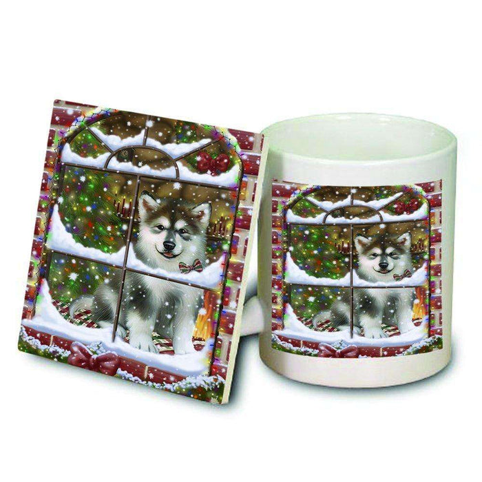 Please Come Home For Christmas Alaskan Malamute Dog Sitting In Window Mug and Coaster Set