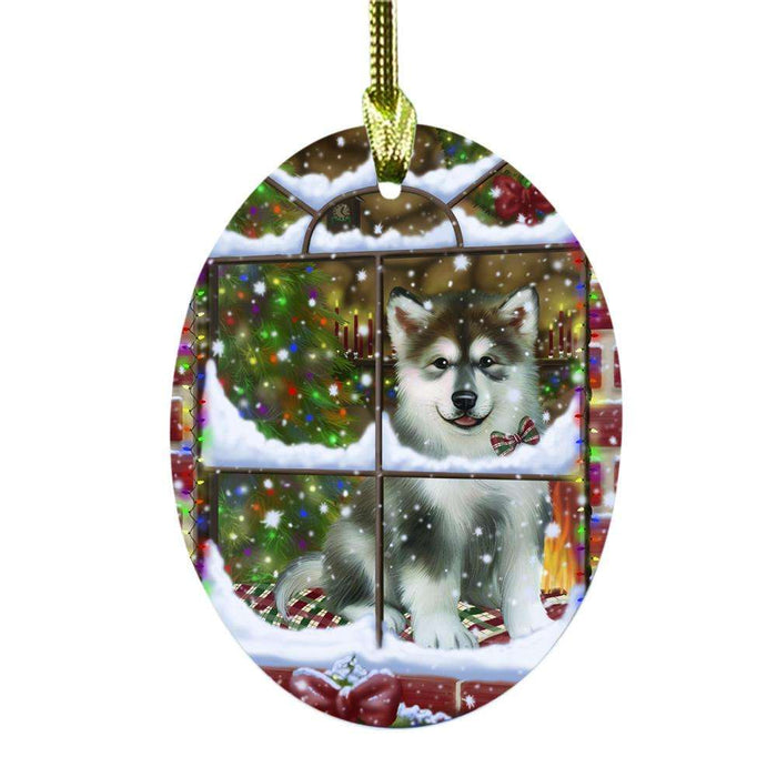 Please Come Home For Christmas Alaskan Malamute Dog Sitting In Window Oval Glass Christmas Ornament OGOR49111