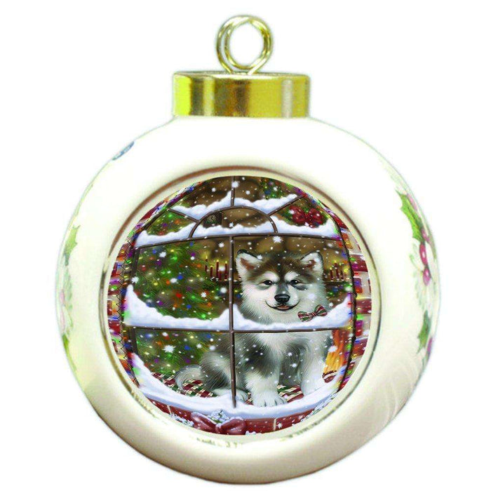 Please Come Home For Christmas Alaskan Malamute Dog Sitting In Window Round Ball Ornament D365