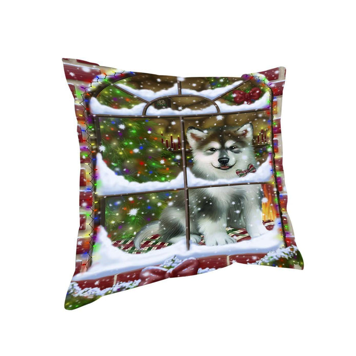 Please Come Home For Christmas Alaskan Malamute Dog Sitting In Window Throw Pillow