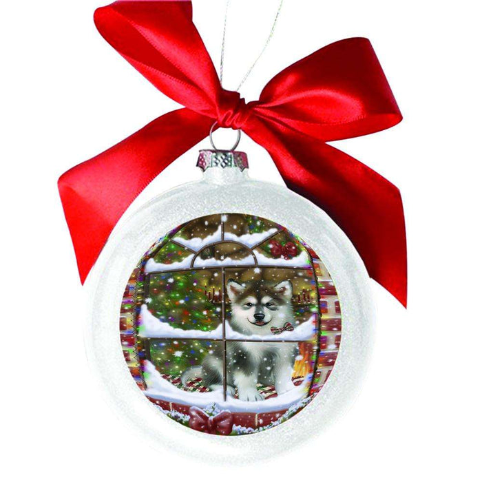Please Come Home For Christmas Alaskan Malamute Dog Sitting In Window White Round Ball Christmas Ornament WBSOR49111