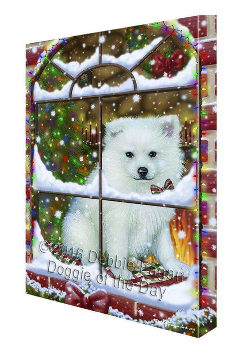 Please Come Home For Christmas American Eskimo Dog Sitting In Window Canvas Wall Art