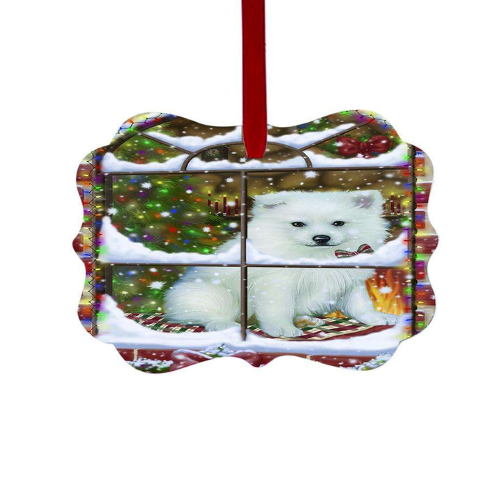 Please Come Home For Christmas American Eskimo Dog Sitting In Window Double-Sided Photo Benelux Christmas Ornament LOR49112