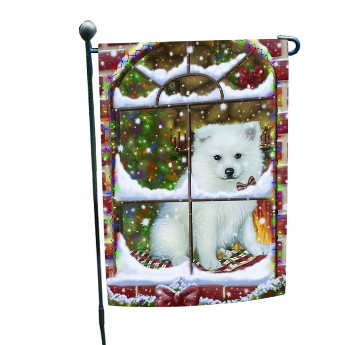 Please Come Home For Christmas American Eskimo Dog Sitting In Window Garden Flag
