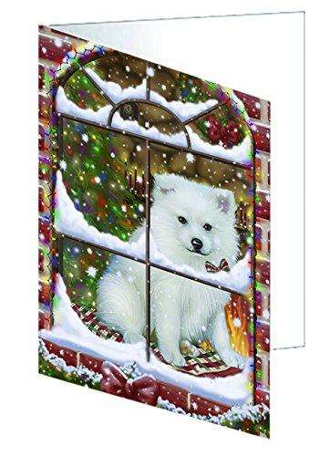 Please Come Home For Christmas American Eskimo Dog Sitting In Window Handmade Artwork Assorted Pets Greeting Cards and Note Cards with Envelopes for All Occasions and Holiday Seasons