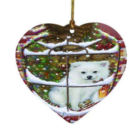 Please Come Home For Christmas American Eskimo Dog Sitting In Window Heart Ornament D338