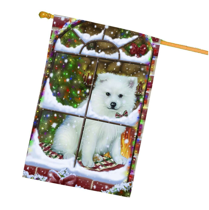 Please Come Home For Christmas American Eskimo Dog Sitting In Window House Flag