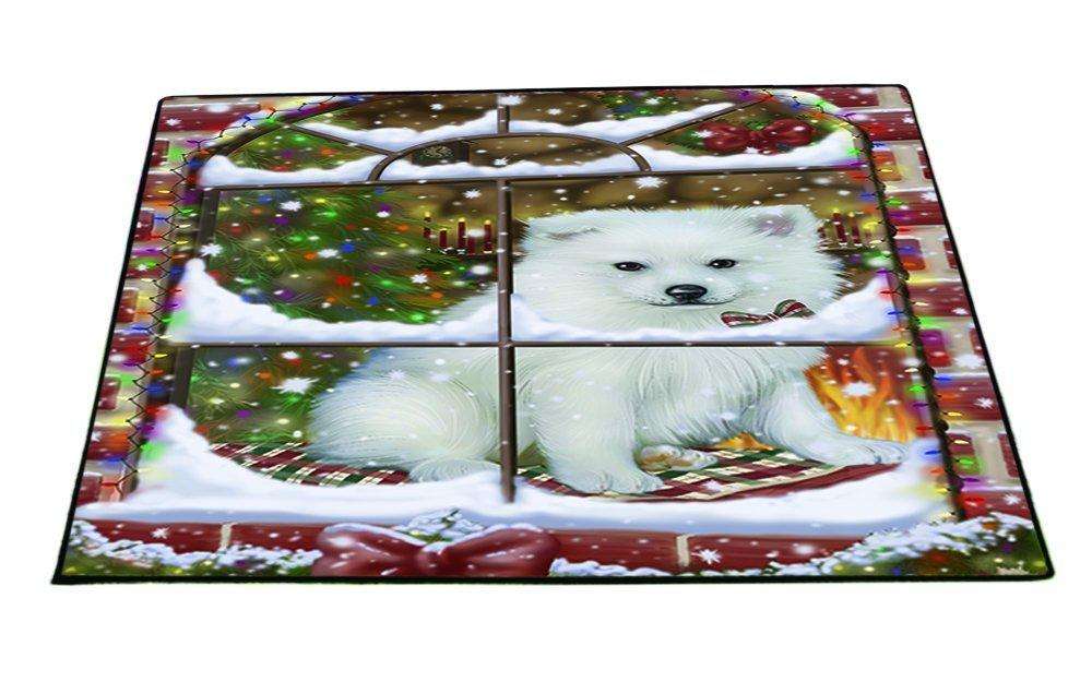 Please Come Home For Christmas American Eskimo Dog Sitting In Window Indoor/Outdoor Floormat