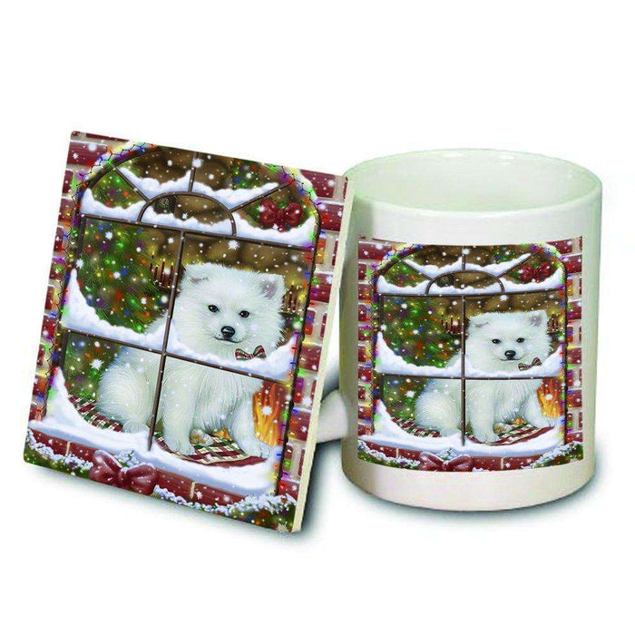 Please Come Home For Christmas American Eskimo Dog Sitting In Window Mug and Coaster Set