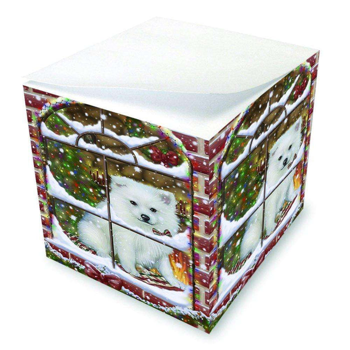 Please Come Home For Christmas American Eskimo Dog Sitting In Window Note Cube D406