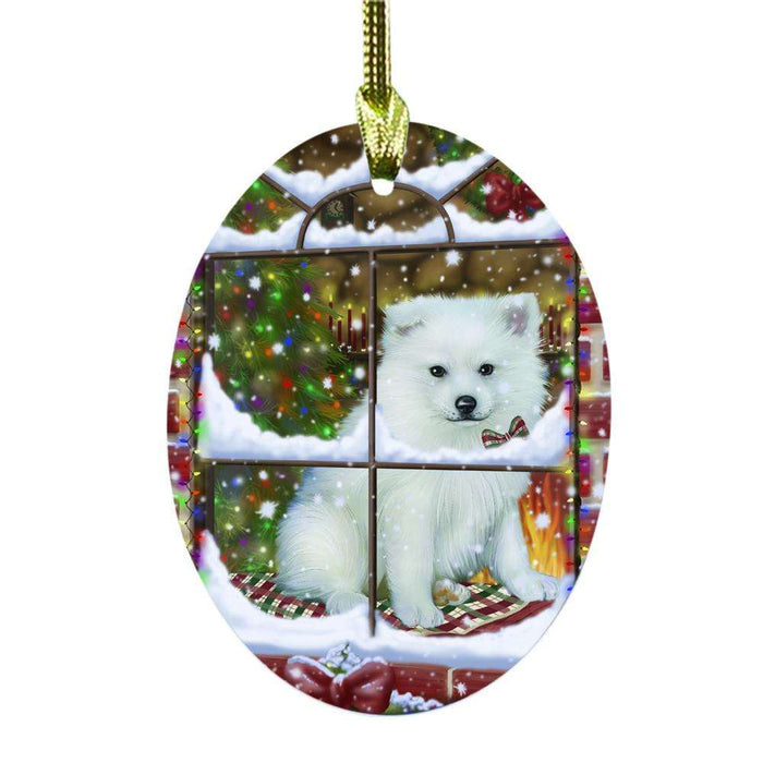 Please Come Home For Christmas American Eskimo Dog Sitting In Window Oval Glass Christmas Ornament OGOR49112