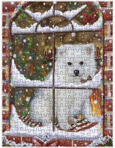 Please Come Home For Christmas American Eskimo Dog Sitting In Window Puzzle with Photo Tin D571