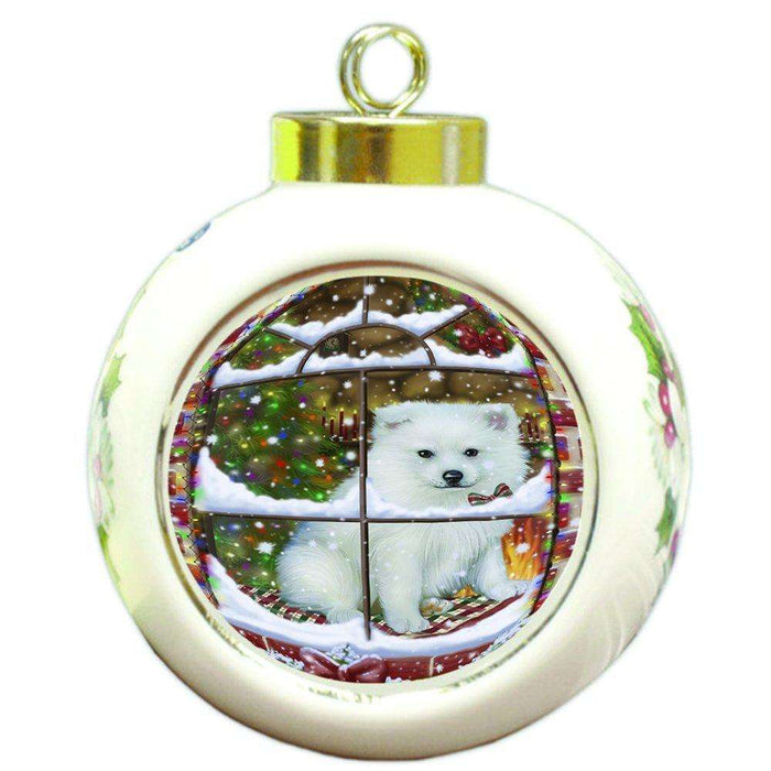 Please Come Home For Christmas American Eskimo Dog Sitting In Window Round Ball Ornament D366