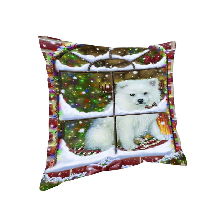 Please Come Home For Christmas American Eskimo Dog Sitting In Window Throw Pillow