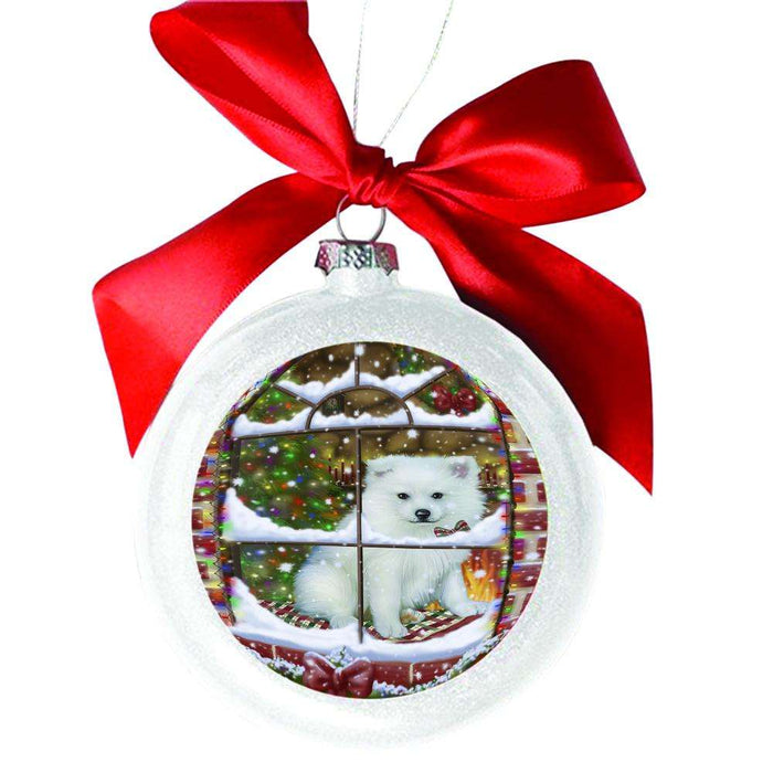 Please Come Home For Christmas American Eskimo Dog Sitting In Window White Round Ball Christmas Ornament WBSOR49112