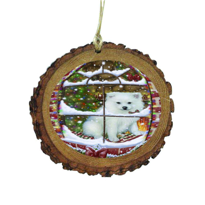 Please Come Home For Christmas American Eskimo Dog Sitting In Window Wooden Christmas Ornament WOR49112