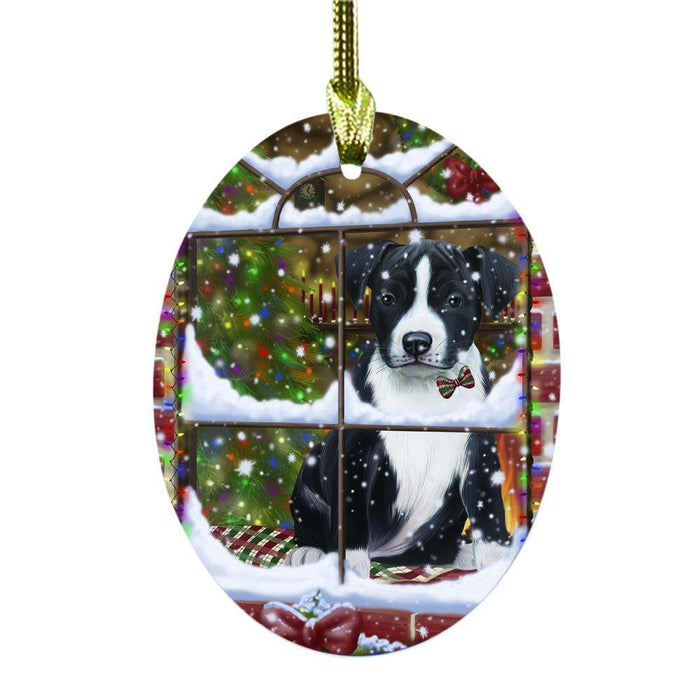 Please Come Home For Christmas American Staffordshire Dog Sitting In Window Oval Glass Christmas Ornament OGOR49113