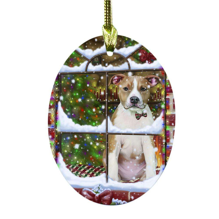 Please Come Home For Christmas American Staffordshire Dog Sitting In Window Oval Glass Christmas Ornament OGOR49114