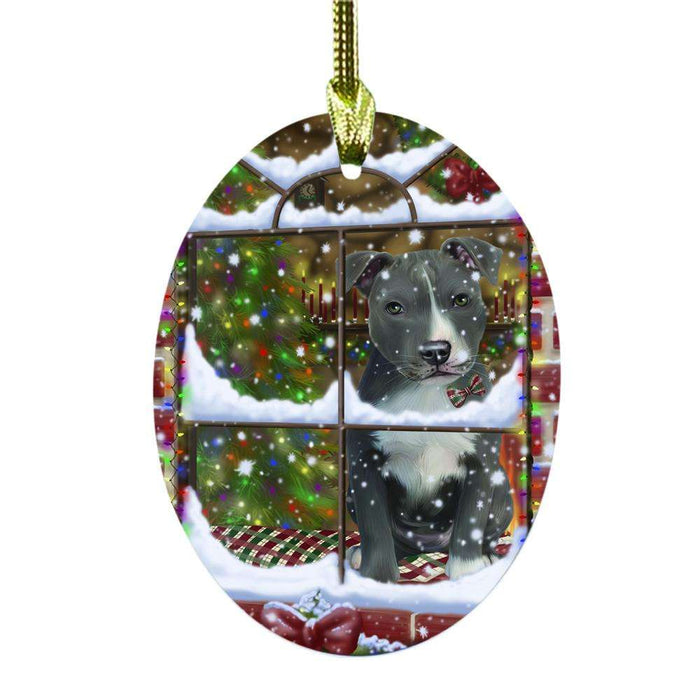 Please Come Home For Christmas American Staffordshire Dog Sitting In Window Oval Glass Christmas Ornament OGOR49115