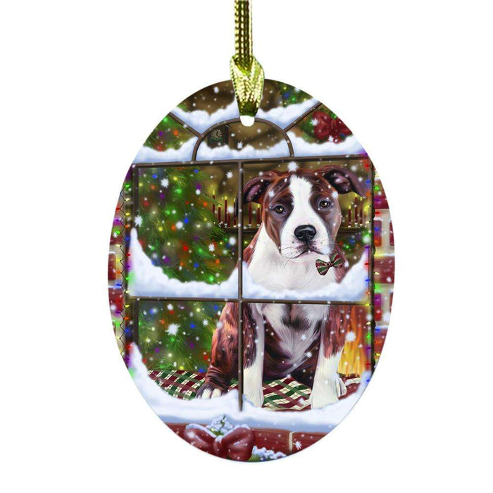 Please Come Home For Christmas American Staffordshire Dog Sitting In Window Oval Glass Christmas Ornament OGOR49116