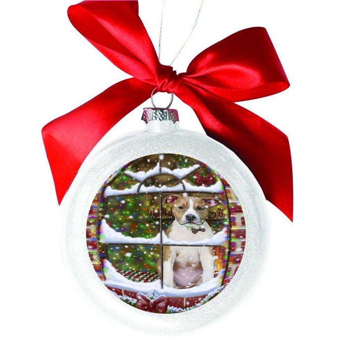 Please Come Home For Christmas American Staffordshire Dog Sitting In Window White Round Ball Christmas Ornament WBSOR49114