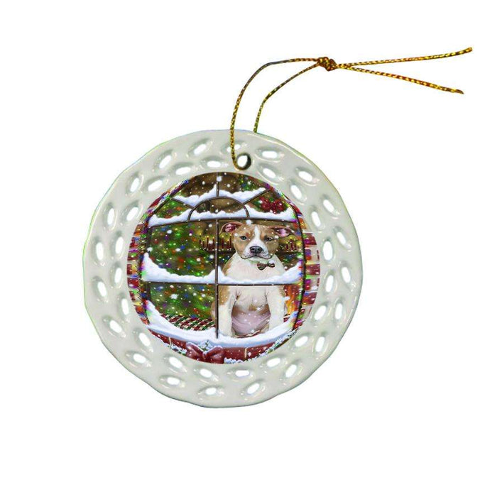 Please Come Home For Christmas American Staffordshire Terrier Dog Sitting In Window Ceramic Doily Ornament DPOR53609