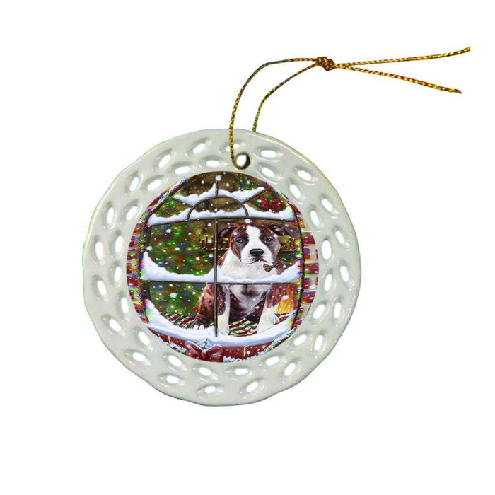 Please Come Home For Christmas American Staffordshire Terrier Dog Sitting In Window Ceramic Doily Ornament DPOR53611