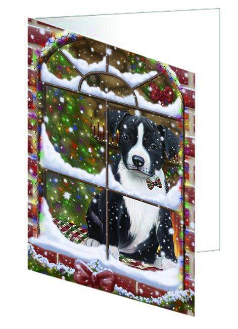 Please Come Home For Christmas American Staffordshire Terrier Dog Sitting In Window Handmade Artwork Assorted Pets Greeting Cards and Note Cards with Envelopes for All Occasions and Holiday Seasons GCD64853