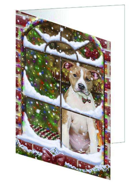 Please Come Home For Christmas American Staffordshire Terrier Dog Sitting In Window Handmade Artwork Assorted Pets Greeting Cards and Note Cards with Envelopes for All Occasions and Holiday Seasons GCD64856