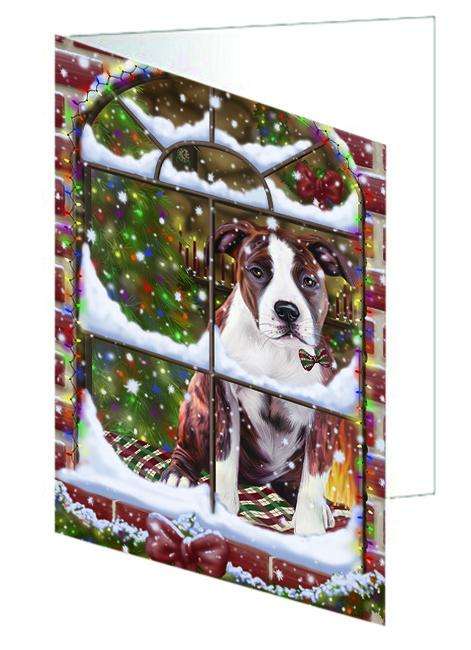 Please Come Home For Christmas American Staffordshire Terrier Dog Sitting In Window Handmade Artwork Assorted Pets Greeting Cards and Note Cards with Envelopes for All Occasions and Holiday Seasons GCD64862