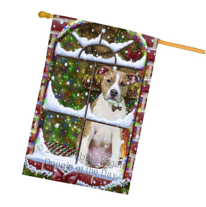 Please Come Home For Christmas American Staffordshire Terrier Dog Sitting In Window House Flag FLG53807