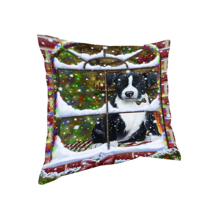 Please Come Home For Christmas American Staffordshire Terrier Dog Sitting In Window Pillow PIL71056