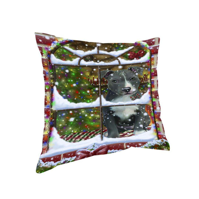 Please Come Home For Christmas American Staffordshire Terrier Dog Sitting In Window Pillow PIL71064