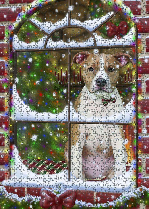 Please Come Home For Christmas American Staffordshire Terrier Dog Sitting In Window Puzzle with Photo Tin PUZL81592
