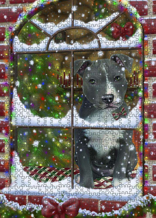 Please Come Home For Christmas American Staffordshire Terrier Dog Sitting In Window Puzzle with Photo Tin PUZL81596
