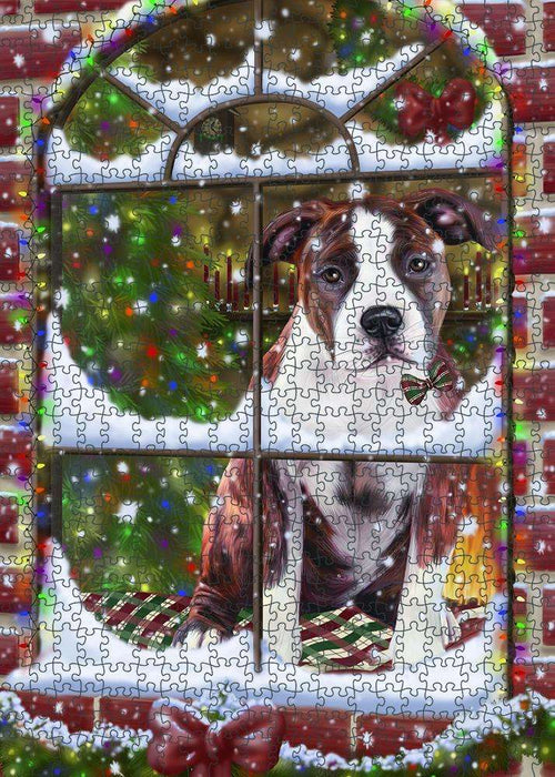 Please Come Home For Christmas American Staffordshire Terrier Dog Sitting In Window Puzzle with Photo Tin PUZL81600