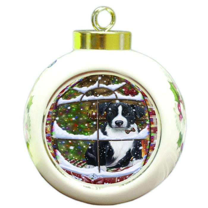 Please Come Home For Christmas American Staffordshire Terrier Dog Sitting In Window Round Ball Christmas Ornament RBPOR53608