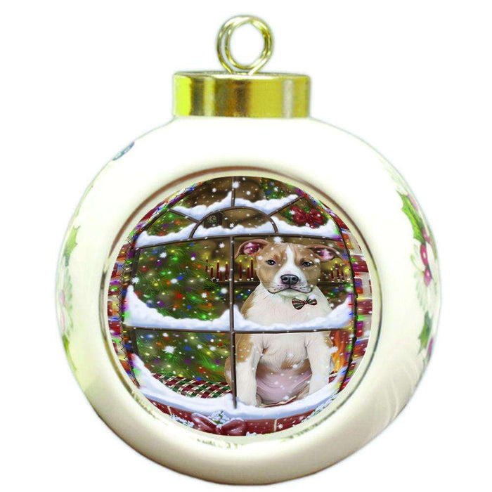Please Come Home For Christmas American Staffordshire Terrier Dog Sitting In Window Round Ball Christmas Ornament RBPOR53609