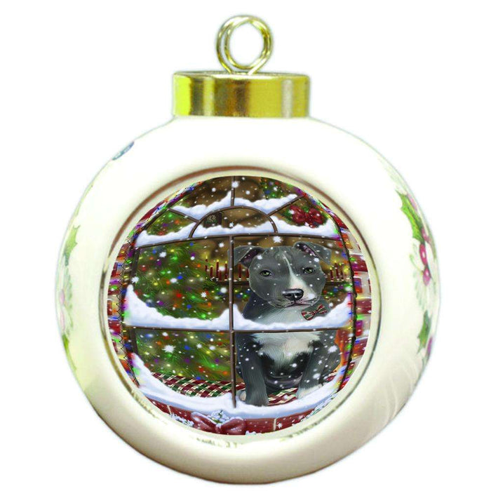 Please Come Home For Christmas American Staffordshire Terrier Dog Sitting In Window Round Ball Christmas Ornament RBPOR53610