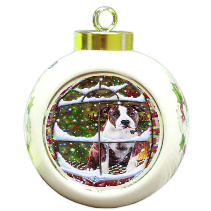 Please Come Home For Christmas American Staffordshire Terrier Dog Sitting In Window Round Ball Christmas Ornament RBPOR53611
