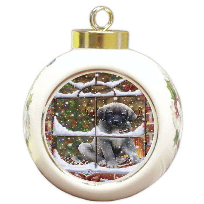 Please Come Home For Christmas Anatolian Shepherds Sitting In Window Round Ball Ornament