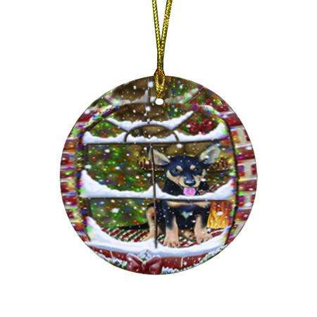 Please Come Home For Christmas Australian Kelpie Dog Sitting In Window Round Flat Christmas Ornament RFPOR53928