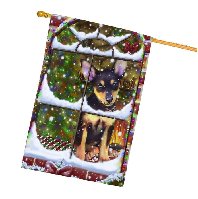 Please Come Home For Christmas Australian Kelpies Dog Sitting In Window House Flag